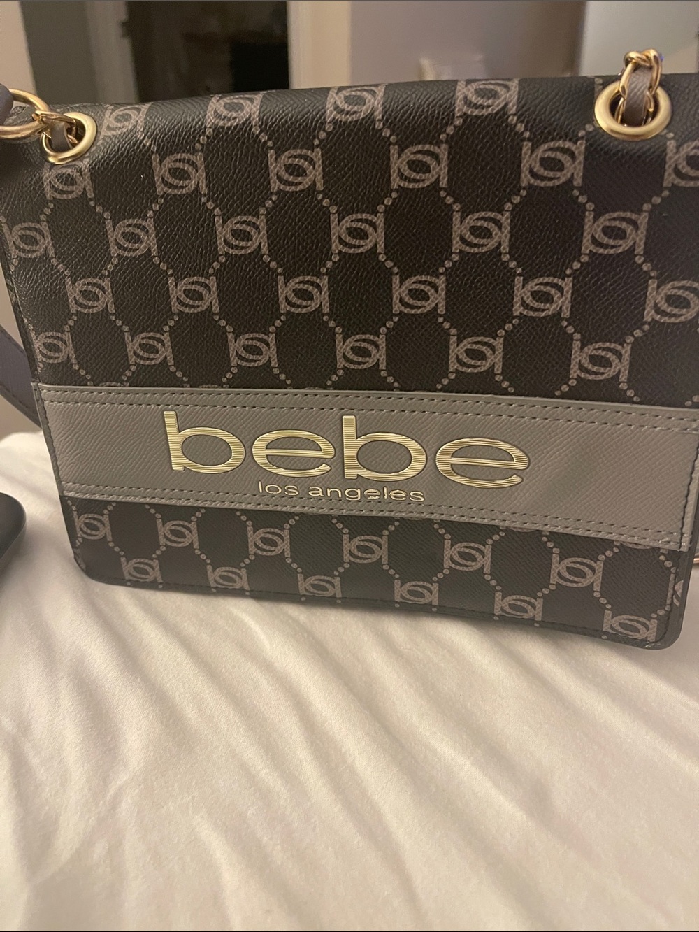 bebe Monogram Crossbody Bag in Black and Gray with Gold Logo